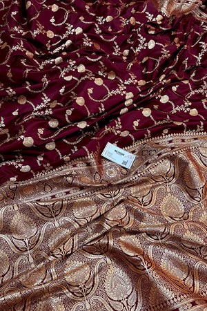 Wine Kanchan Bel Katan Silk Banarasi Saree