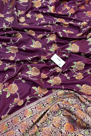 Wine Rosy Jaal Georgette Silk Banarasi Saree