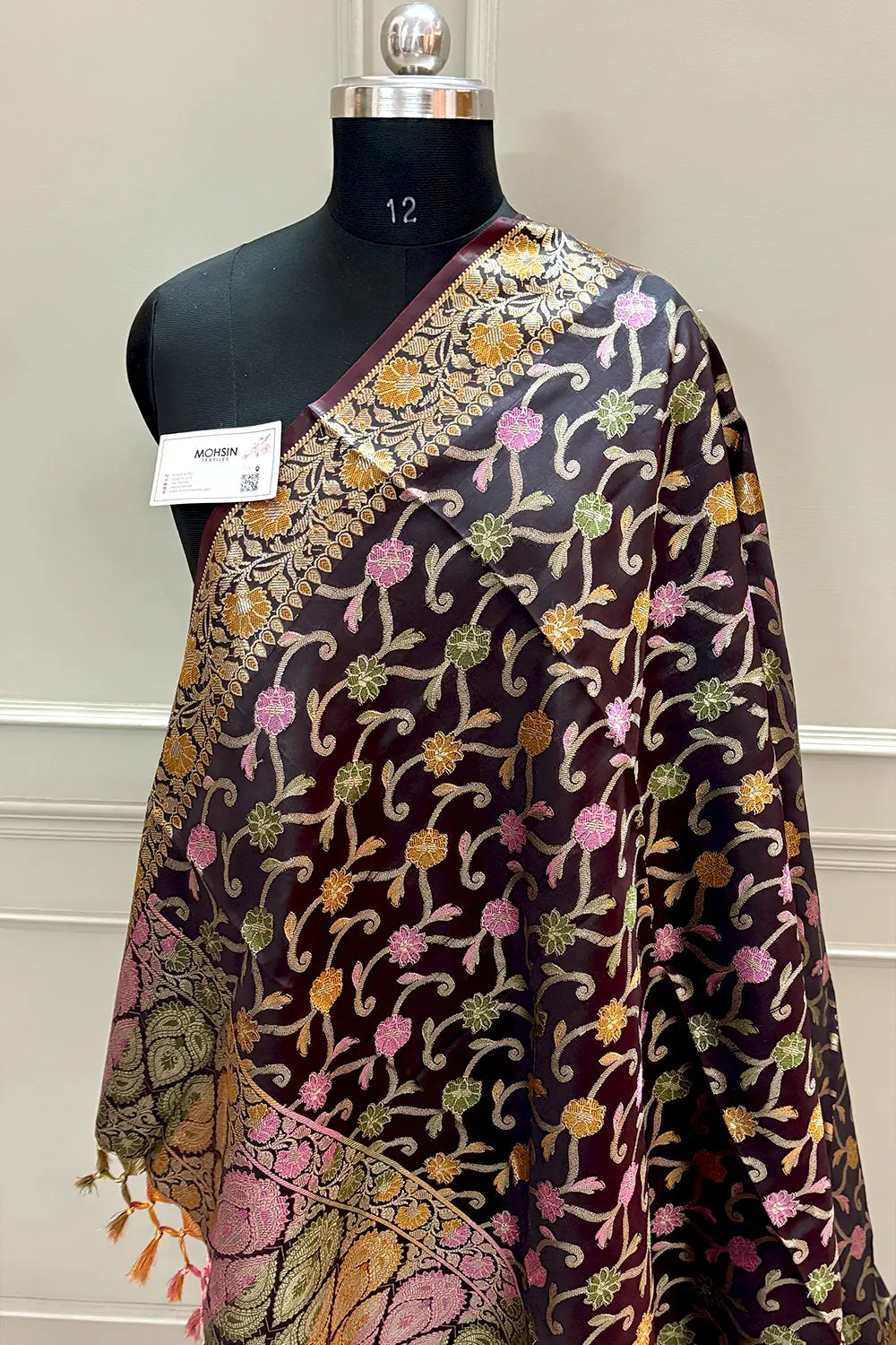 Wine Zari Meena Cotton Silk Banarasi Dupatta