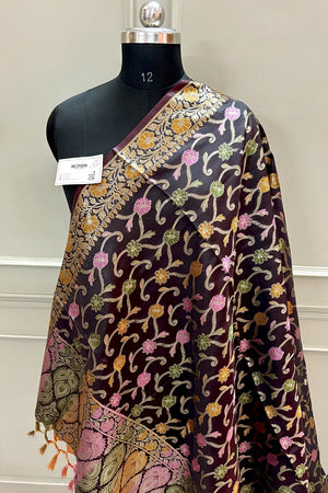 Wine Zari Meena Cotton Silk Banarasi Dupatta