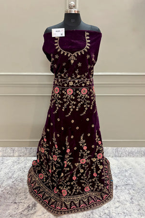Wine and Orange Zariwork Semi Stitched Velvet Lahenga