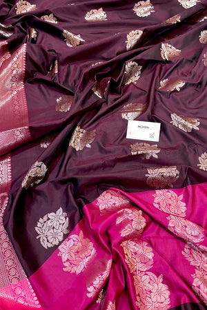 Wine and Pink Golden Zari Banarasi Silk Saree