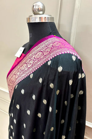 Black and Pink Rudraksha Buti Katan Silk Banarasi Saree