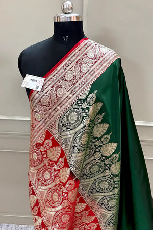 Botte Green and Red Royal Plain Katan Silk Banarasi Saree