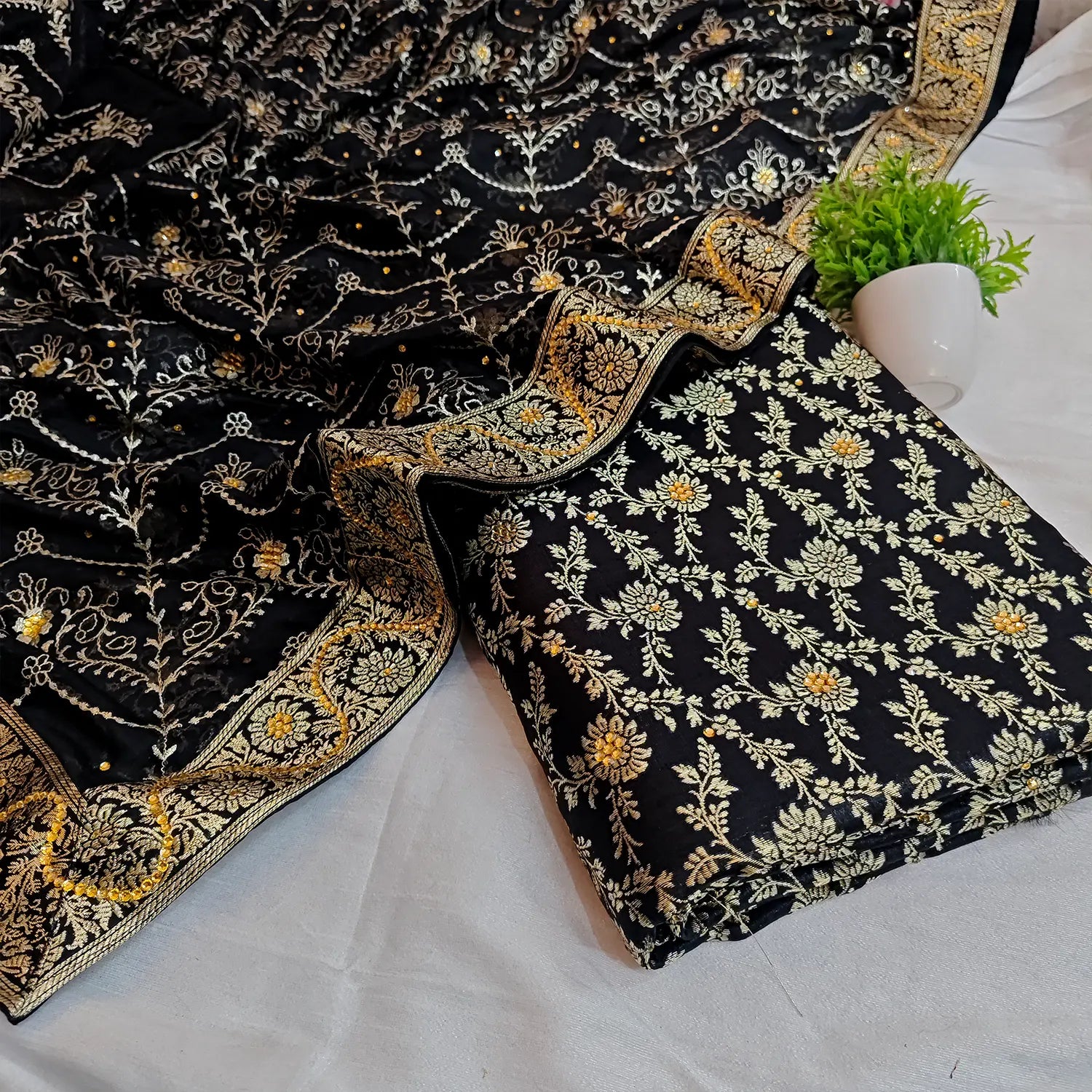 Black Stone Work Kimkhab Silk Banarasi Gharara