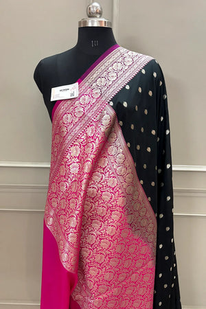 Black and Pink Rudraksha Buti Katan Silk Banarasi Saree