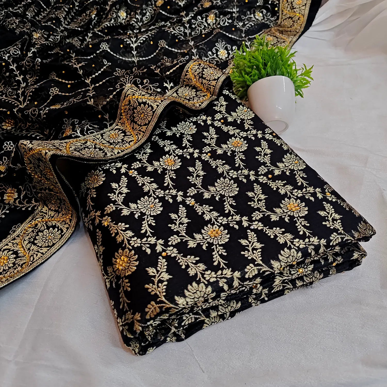 Black Stone Work Kimkhab Silk Banarasi Gharara