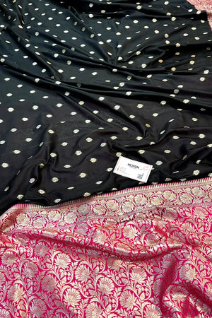Black and Pink Rudraksha Buti Katan Silk Banarasi Saree