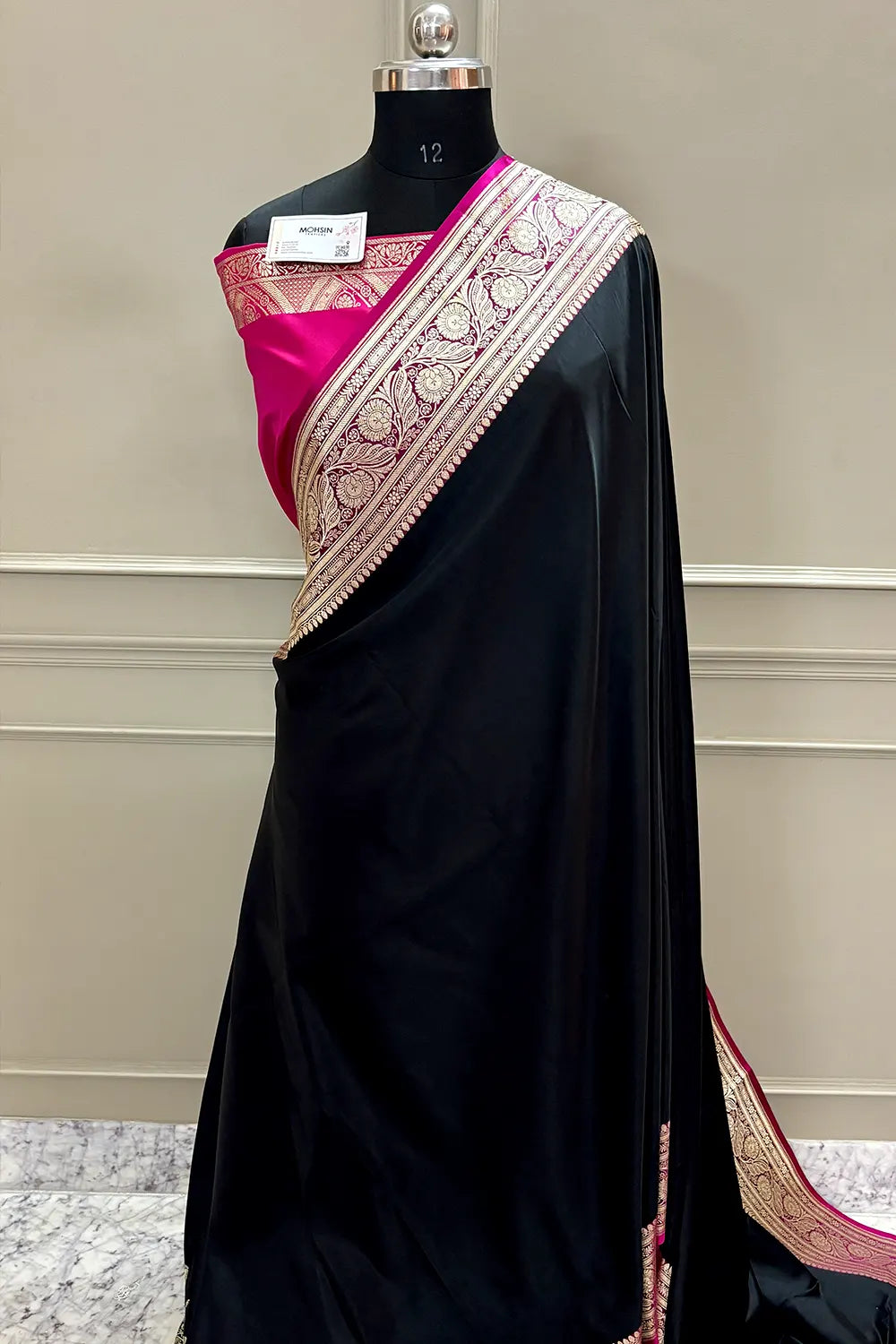 Black and Pink Royal Plain Katan Silk Banarasi Saree