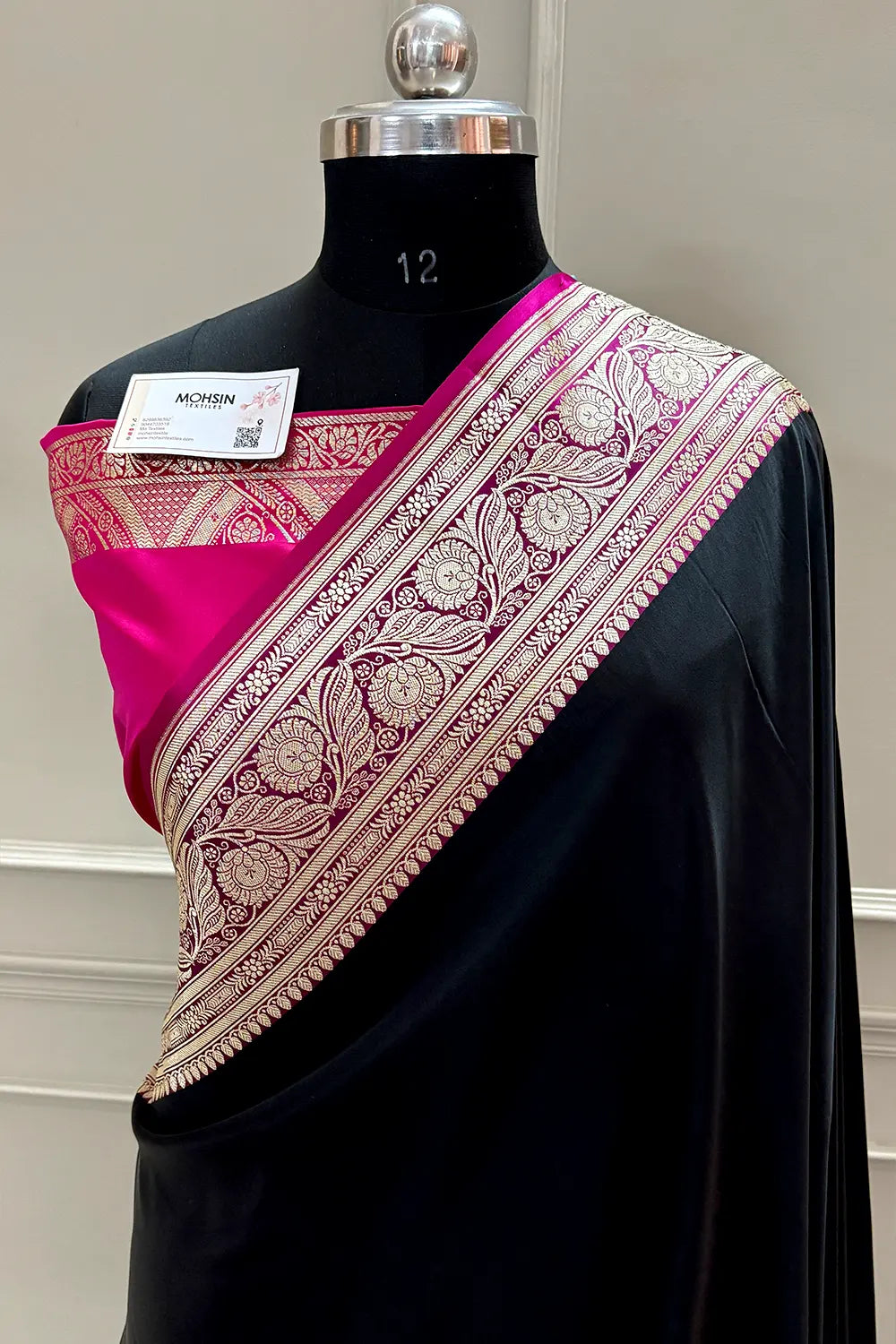 Black and Pink Royal Plain Katan Silk Banarasi Saree