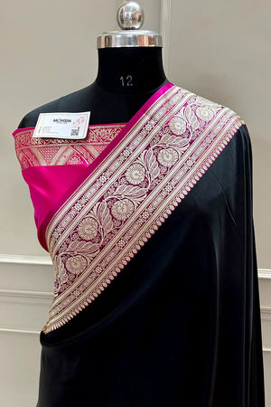 Black and Pink Royal Plain Katan Silk Banarasi Saree