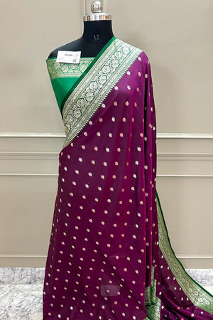 Purple and Green Rudraksha Buti Katan Silk Banarasi Saree