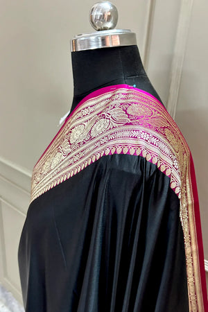 Black and Pink Royal Plain Katan Silk Banarasi Saree
