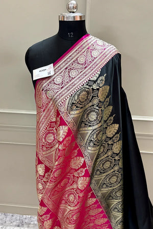 Black and Pink Royal Plain Katan Silk Banarasi Saree