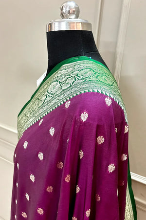 Purple and Green Rudraksha Buti Katan Silk Banarasi Saree