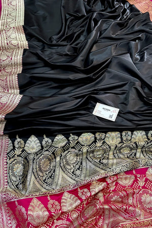 Black and Pink Royal Plain Katan Silk Banarasi Saree
