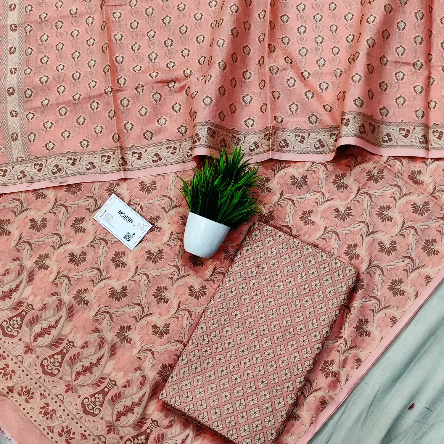 Light Peach Surahi Jaal Cotton Silk Banarasi Suit