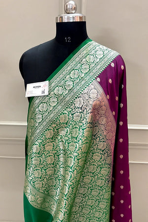 Purple and Green Rudraksha Buti Katan Silk Banarasi Saree