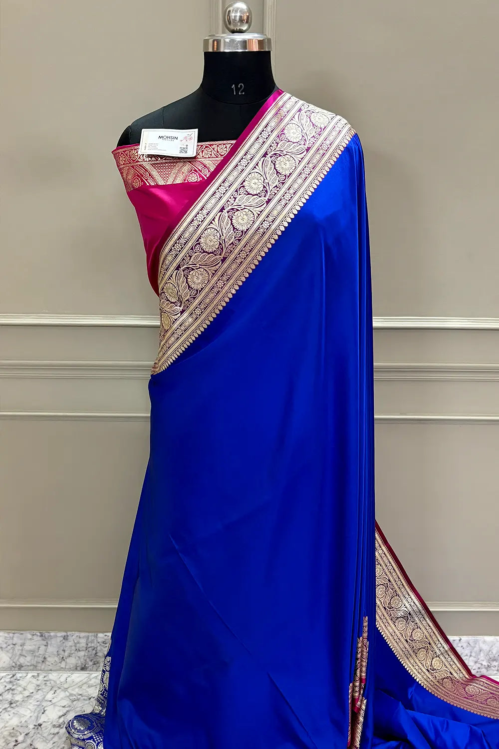 Royal Blue and Pink Royal Plain Katan Silk Banarasi Saree
