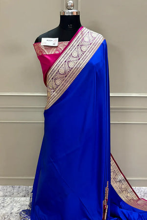 Royal Blue and Pink Royal Plain Katan Silk Banarasi Saree