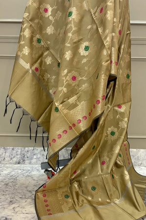 Beige Meenakari Satin Silk Banarasi Dupatta