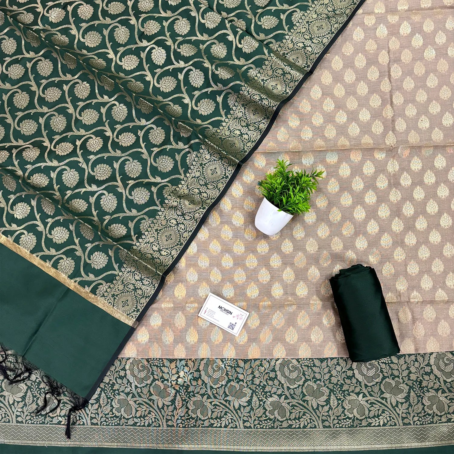 Beige and Bottle Green Gulkan Buti Satin Silk Banarasi Suit
