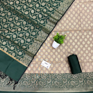Beige and Bottle Green Gulkan Buti Satin Silk Banarasi Suit