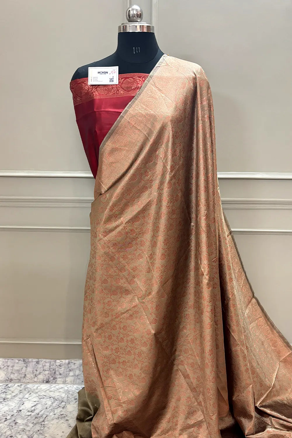 Beige and Maroon Antique Zari Silky Banarasi Saree