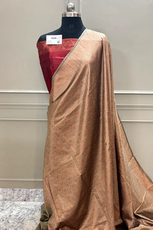 Beige and Maroon Antique Zari Silky Banarasi Saree