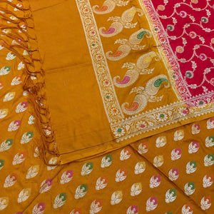 Mustard and Red Golden Zari Katan Silk Banarasi Suit