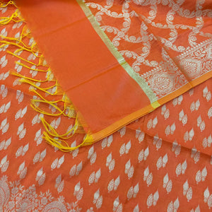 Orange Golden Zari Resham Silk Banarasi Suit
