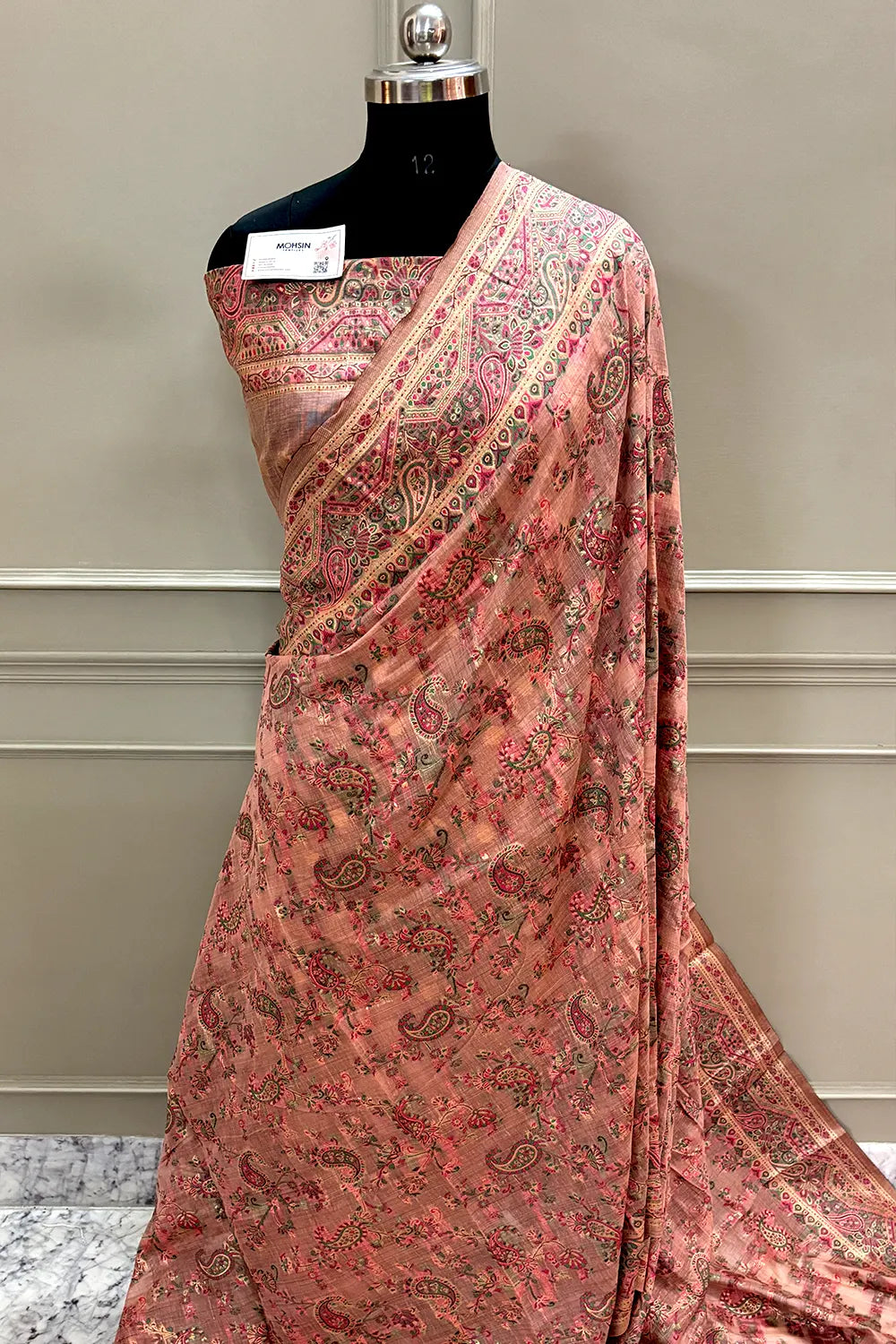 Peach Printed Linen Silk Banarasi Saree