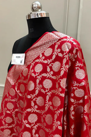 Red Golden Zari Katan Silk Banarasi Dupatta
