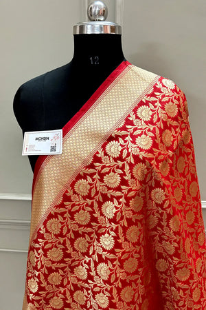 Red Golden Zari Katan Silk Banarasi Dupatta
