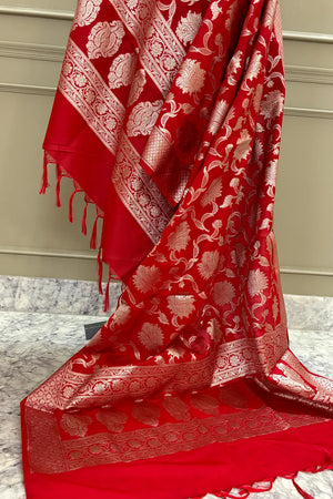 Red Golden Zari Katan Silk Banarasi Dupatta