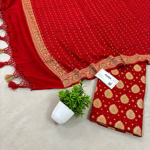 Red Golden Zari Siroski Stone Pure Georgette Silk Banarasi Suit