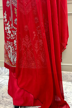 Red Printed Cotton Silk Banarasi Suit