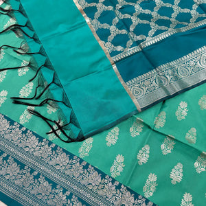 Sea Green and Teal Phooldaan Buti Satin Silk Banarasi Suit