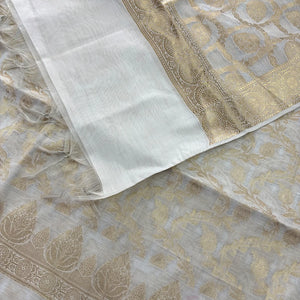 White Golden Zari Banarasi Silk Suit