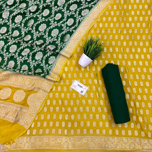 Yellow and Green Khilti Kalli Georgette Silk Banarasi Suit