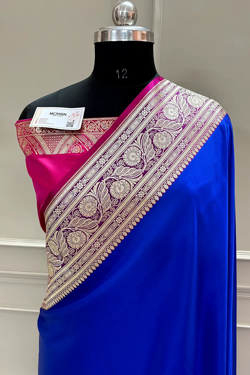 Royal Blue and Pink Royal Plain Katan Silk Banarasi Saree