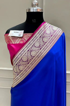 Royal Blue and Pink Royal Plain Katan Silk Banarasi Saree