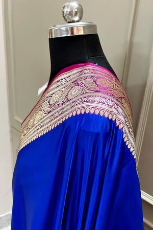 Royal Blue and Pink Royal Plain Katan Silk Banarasi Saree