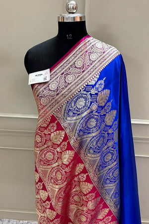 Royal Blue and Pink Royal Plain Katan Silk Banarasi Saree