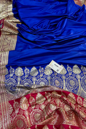 Royal Blue and Pink Royal Plain Katan Silk Banarasi Saree