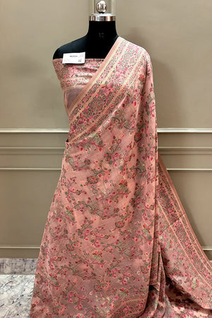 Baby Pink Printed Linen Silk Banarasi Saree