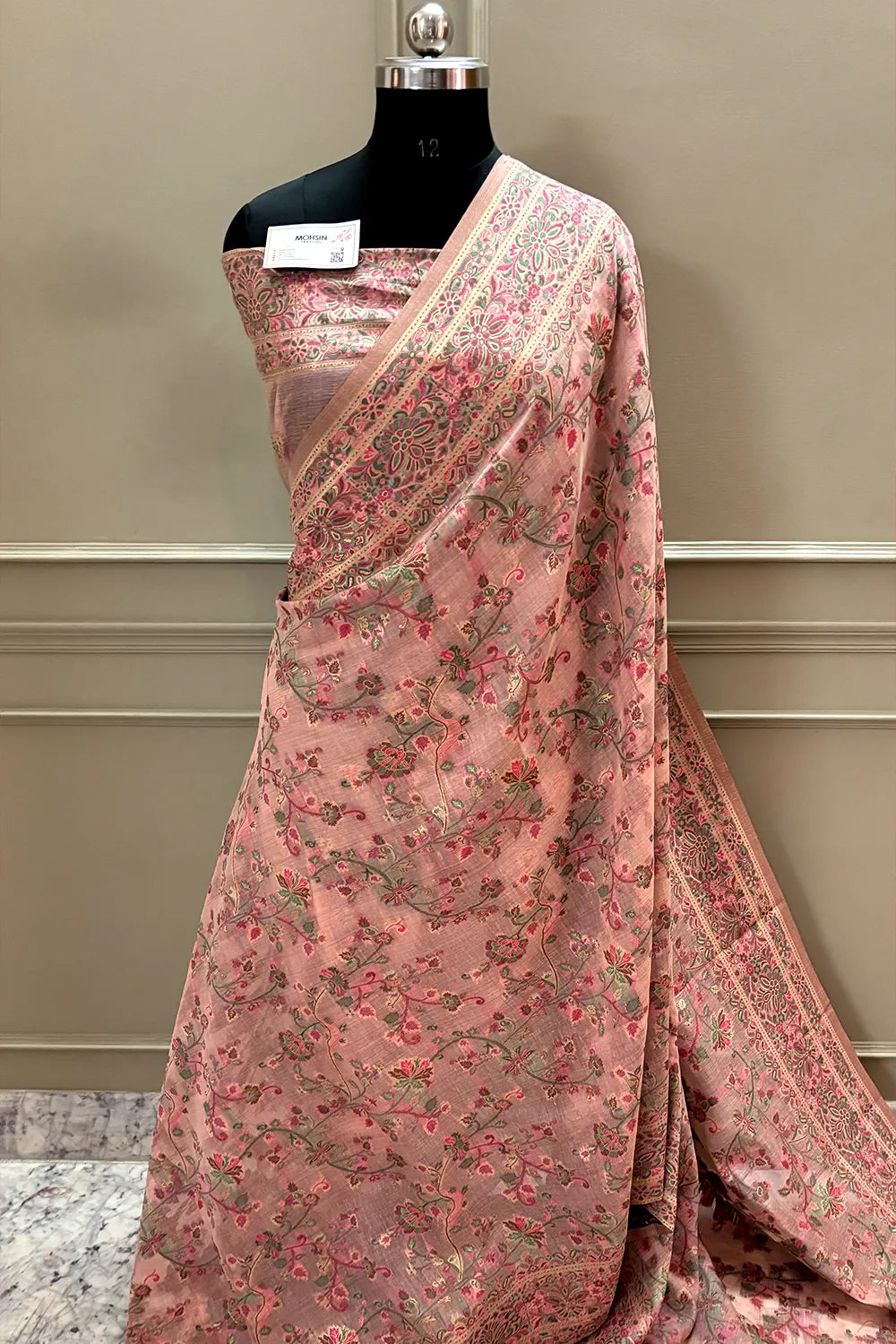 Baby Pink Printed Linen Silk Banarasi Saree
