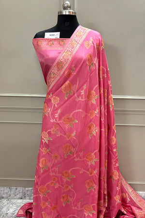 Baby Pink Rosy Jaal Georgette Silk Banarasi Saree