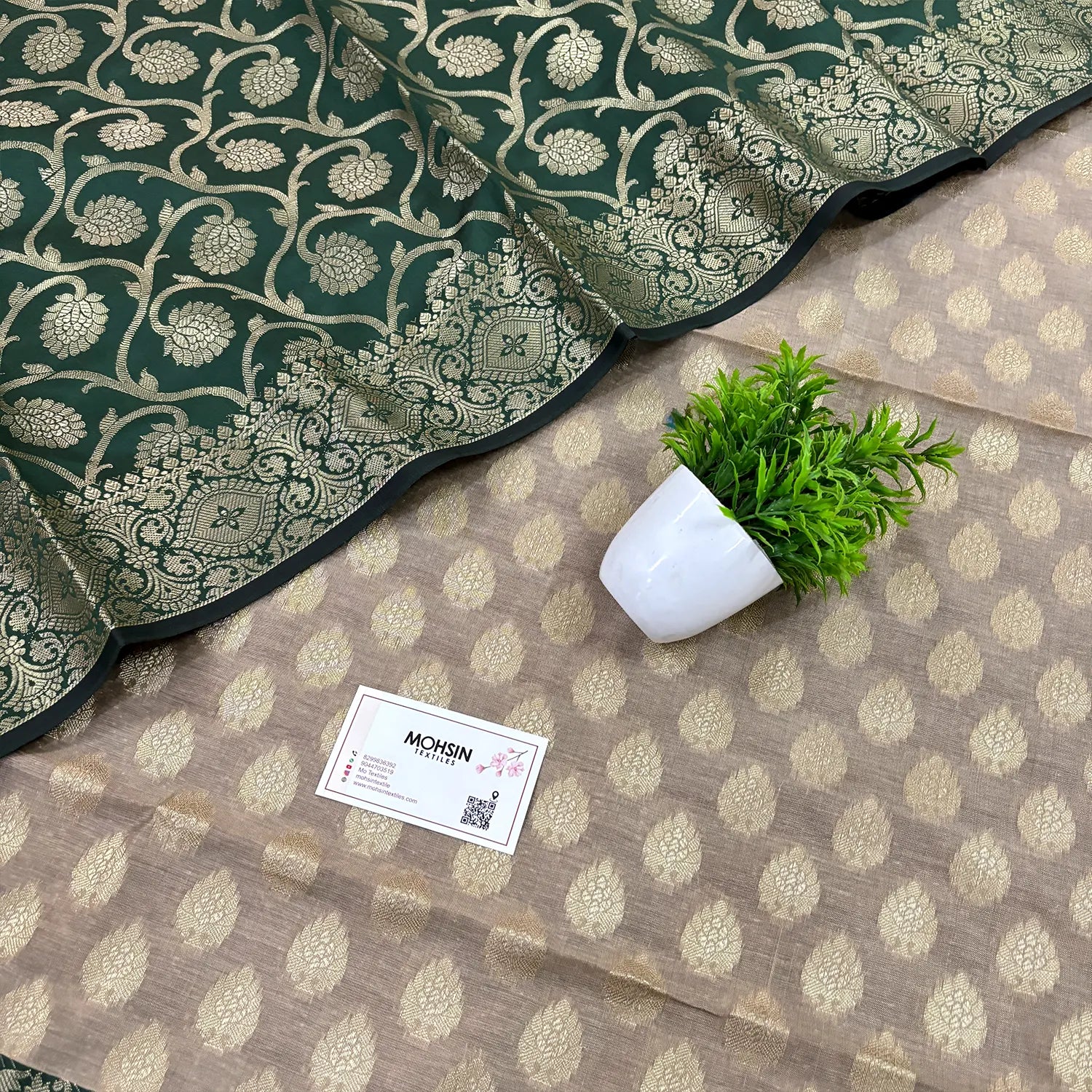 Beige and Bottle Green Gulkan Buti Satin Silk Banarasi Suit