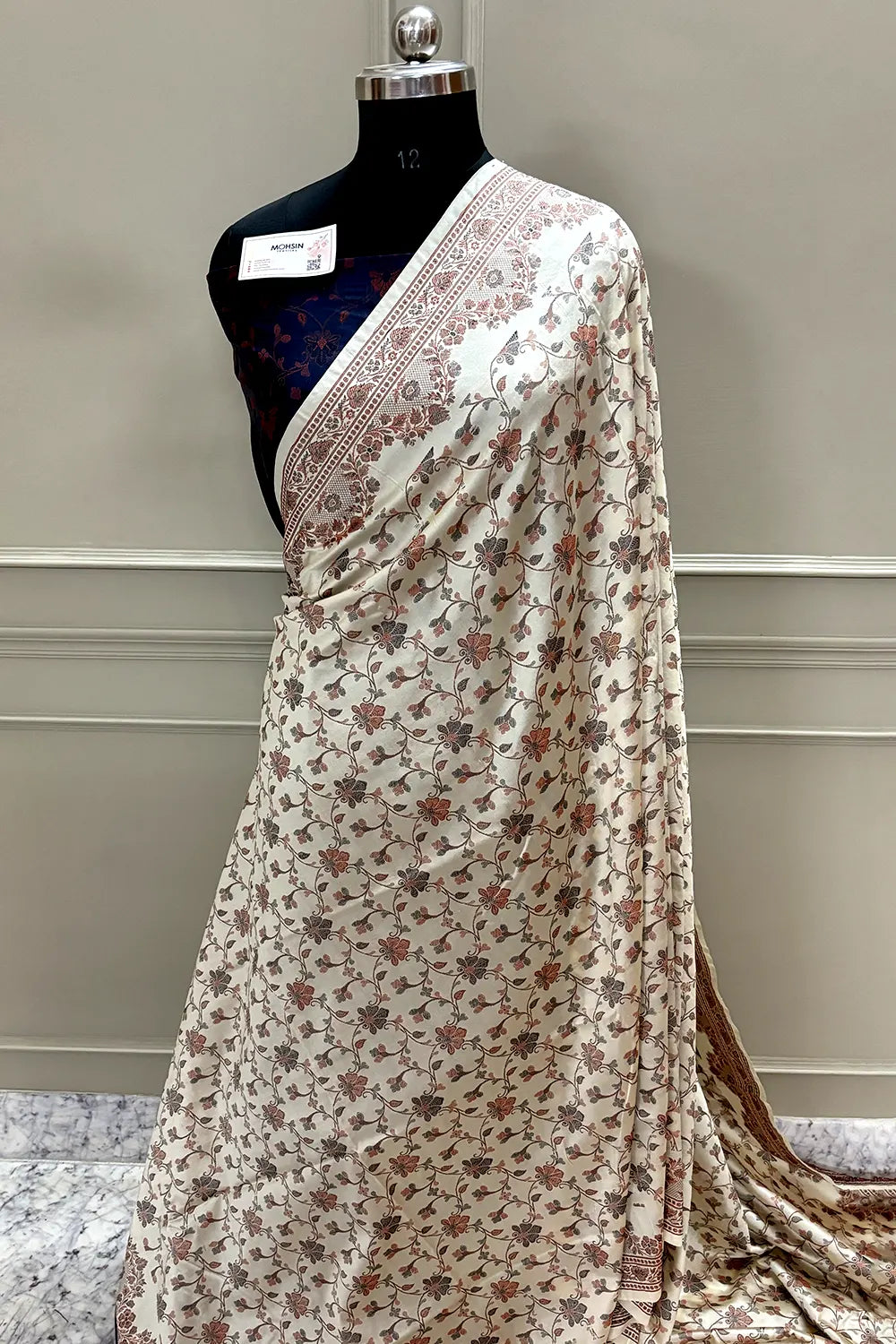 Beige and Navy Blue Resham Silk Banarasi Saree